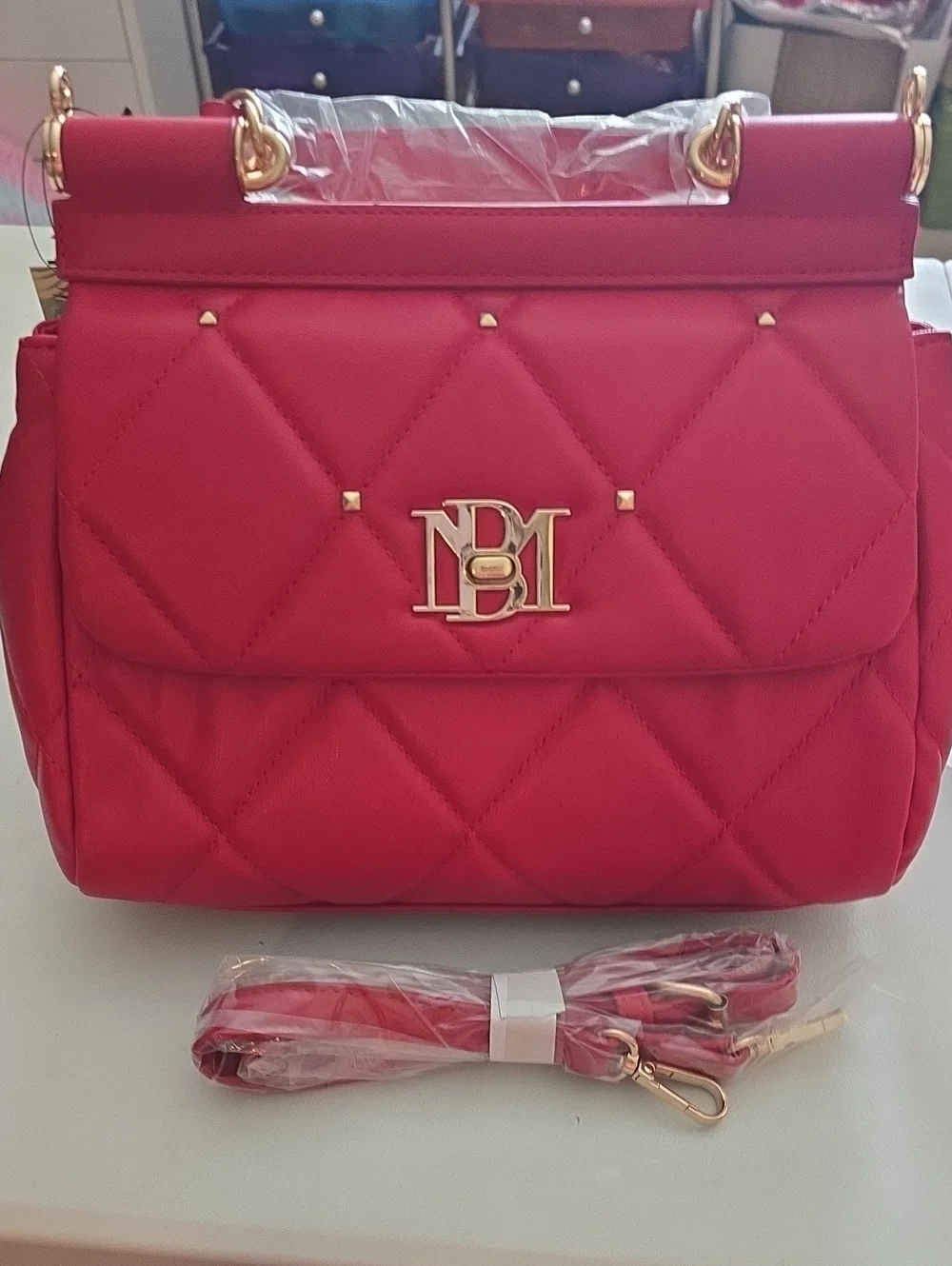 Badgley Mischka Quilted Red Satchel with Gold Logo Hardware